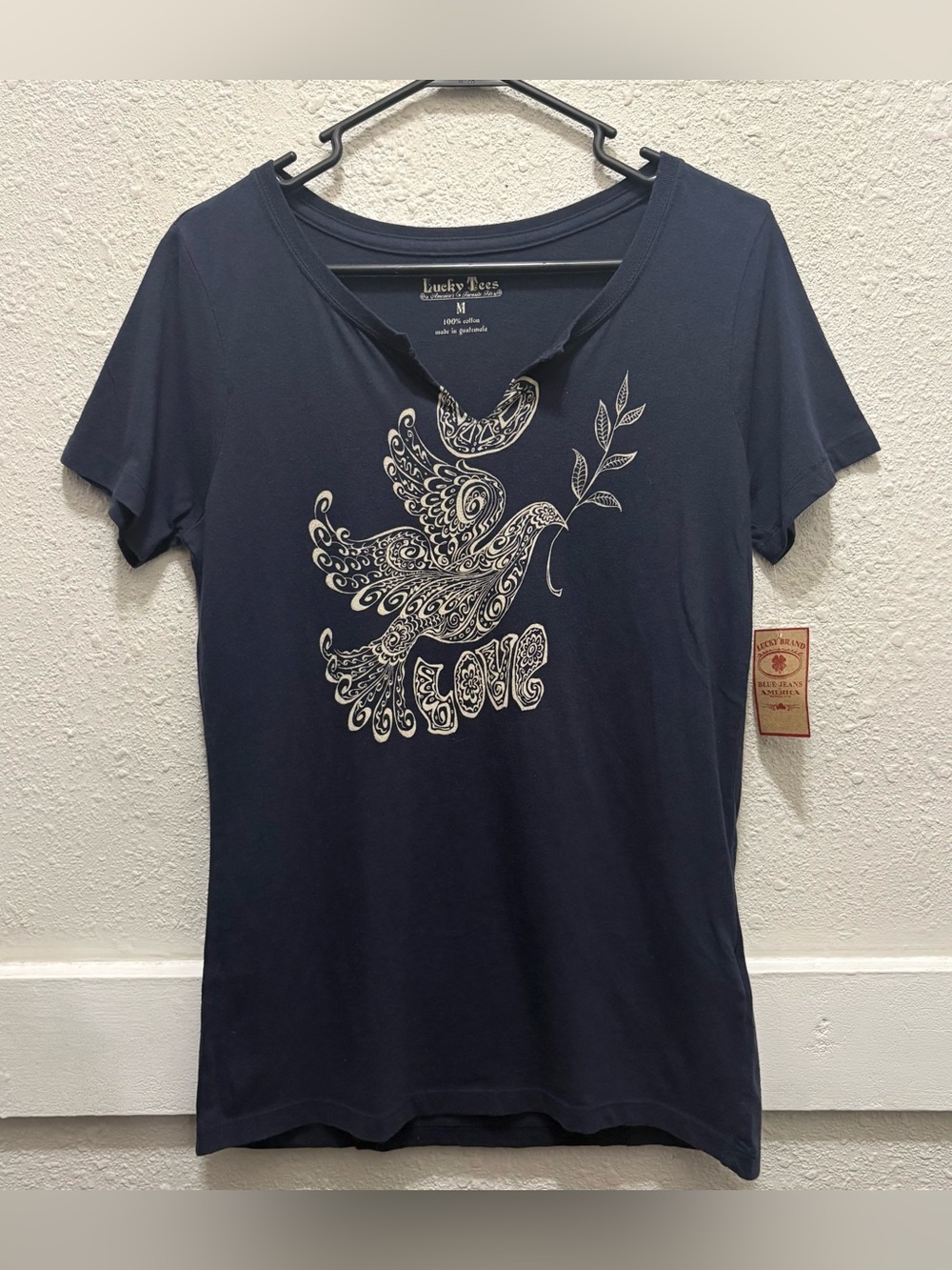 Lucky Brand Split Neck Bird + Love Navy Tee NWT M